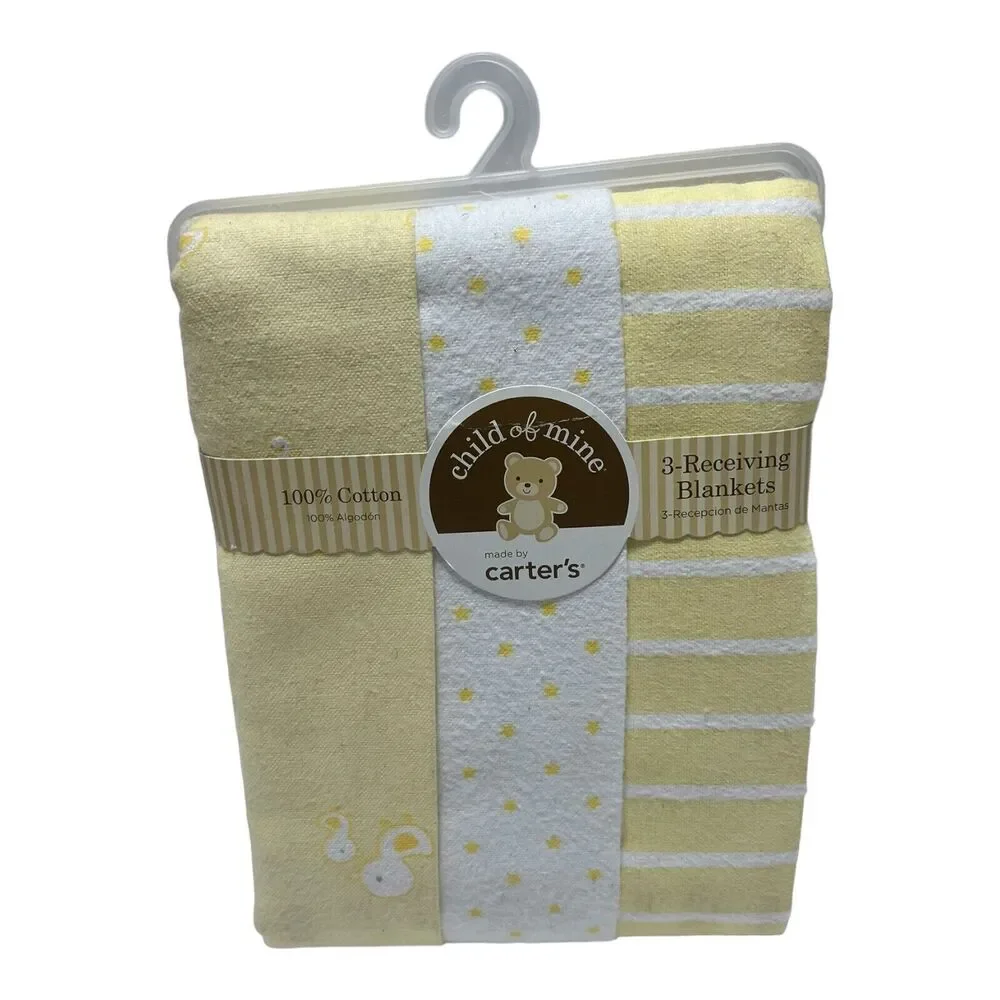 Carter’s Child Of Mine Flannel Receiving Blanket Cotton Yellow White Ducks Stars
